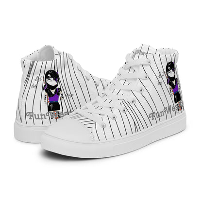 White high-top sneakers with a ninja graphic and 'Fun Wear Code' text logo on a white background