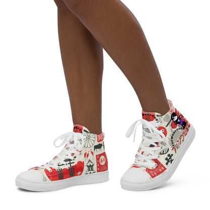 High-top sneakers with colorful Japanese-themed graphic design, and with a ninja graphic and 'Fun Wear Code' text logo worn by a person on a white background