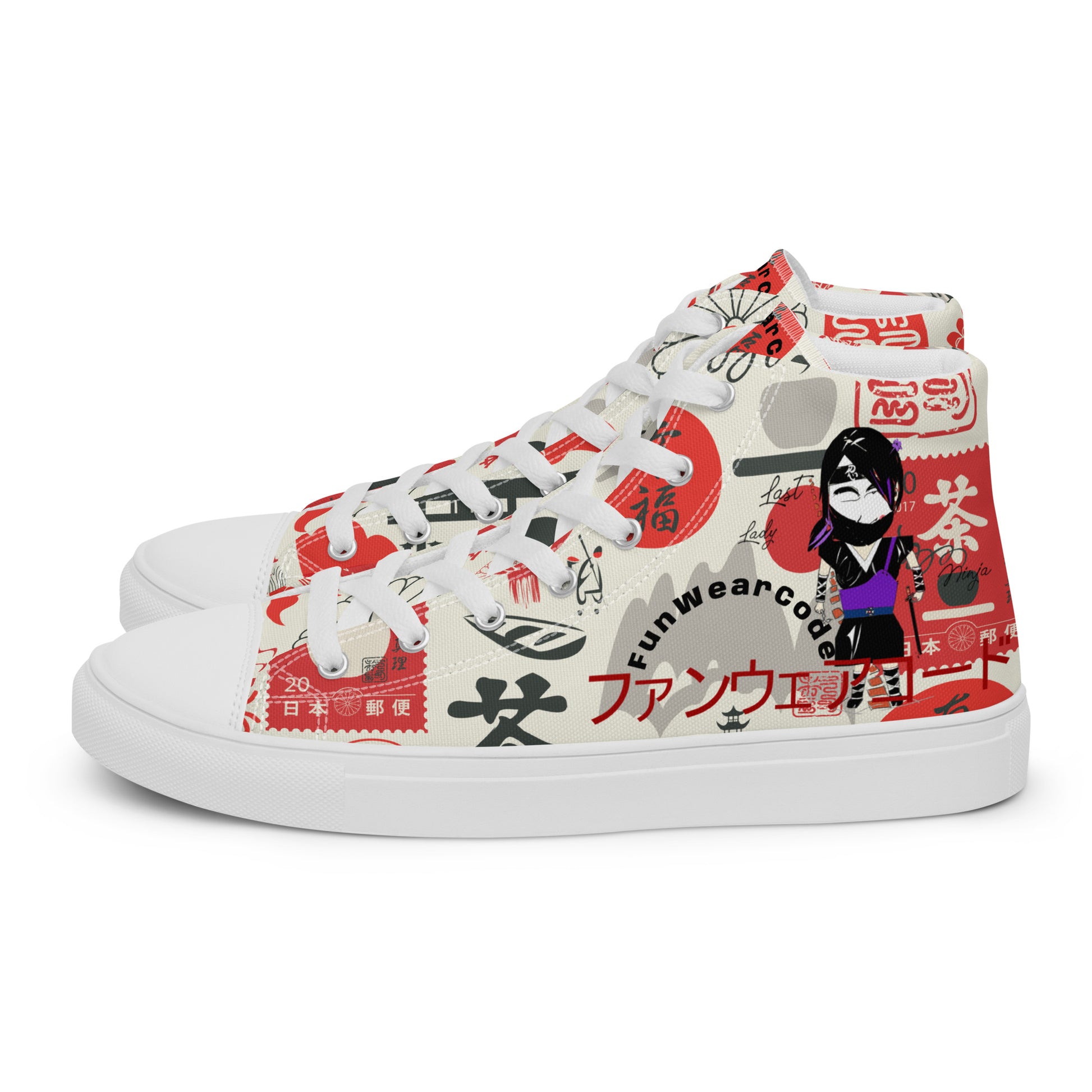 High-top sneakers with colorful Japanese-themed graphic design, and with a ninja graphic and 'Fun Wear Code' text logo on a white background