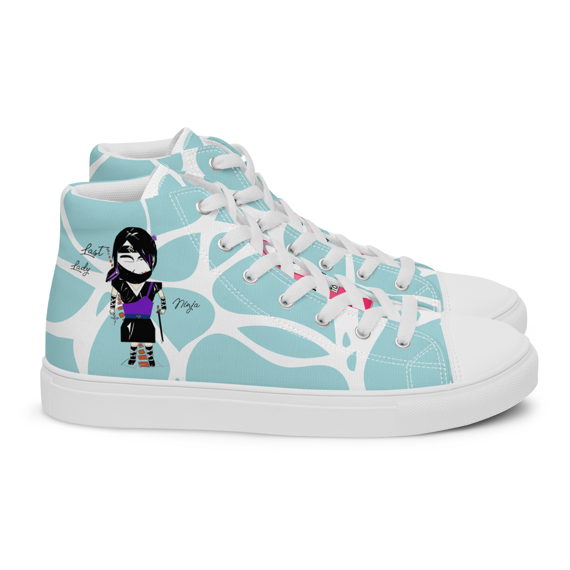 High-top sneakers with a lady ninja graphic design, featuring text 'Last lady ninja' on a light blue patterned background