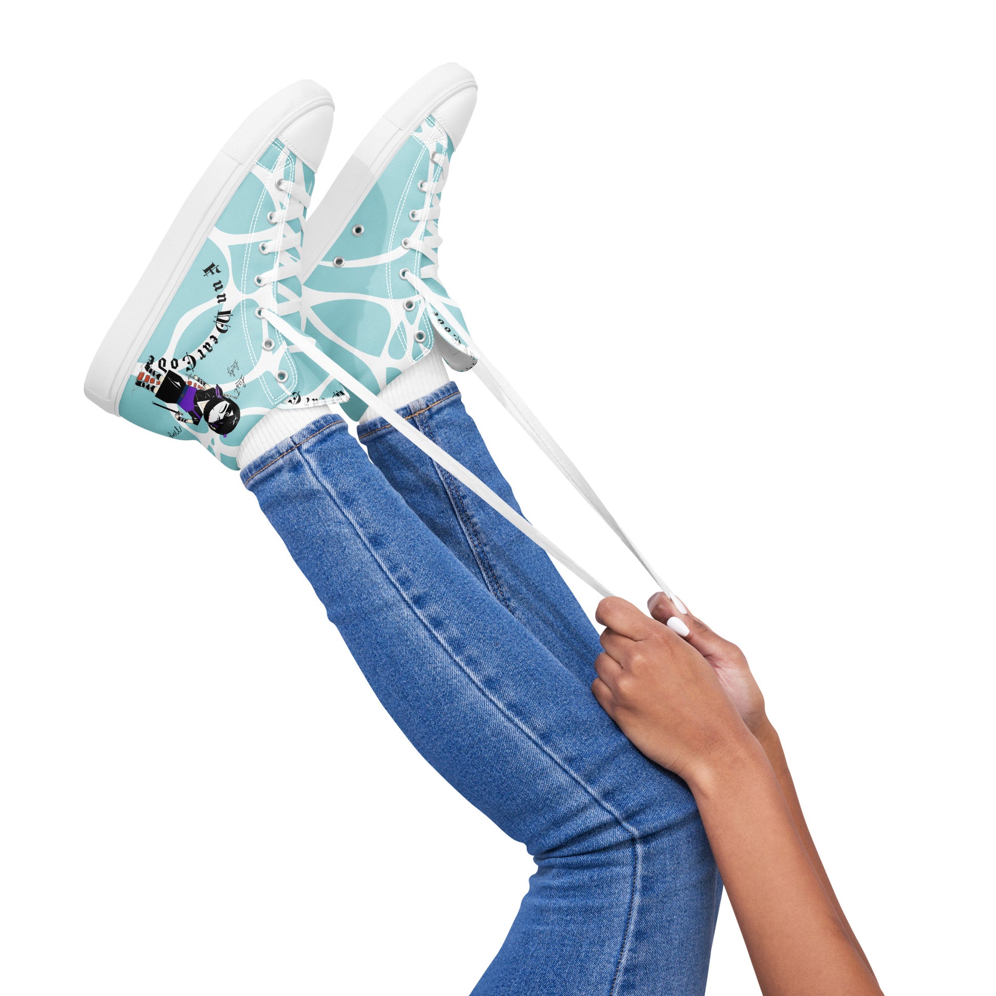 Person wearing light blue sneakers with white laces and a ninja graphic and 'Fun Wear Code' text logo, standing on a white background.