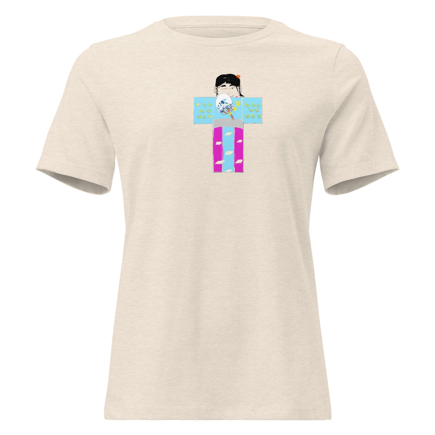 Beige t-shirt with a yukata girl graphic design on a white background