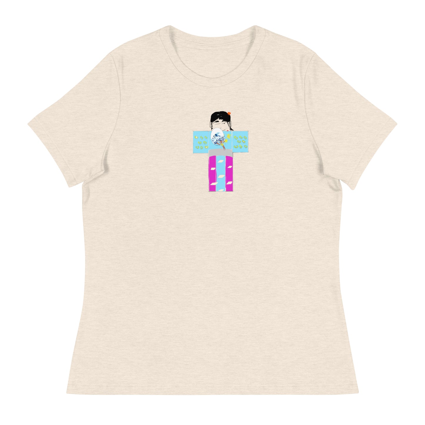 Beige t-shirt with a yukata girl graphic design on a white background