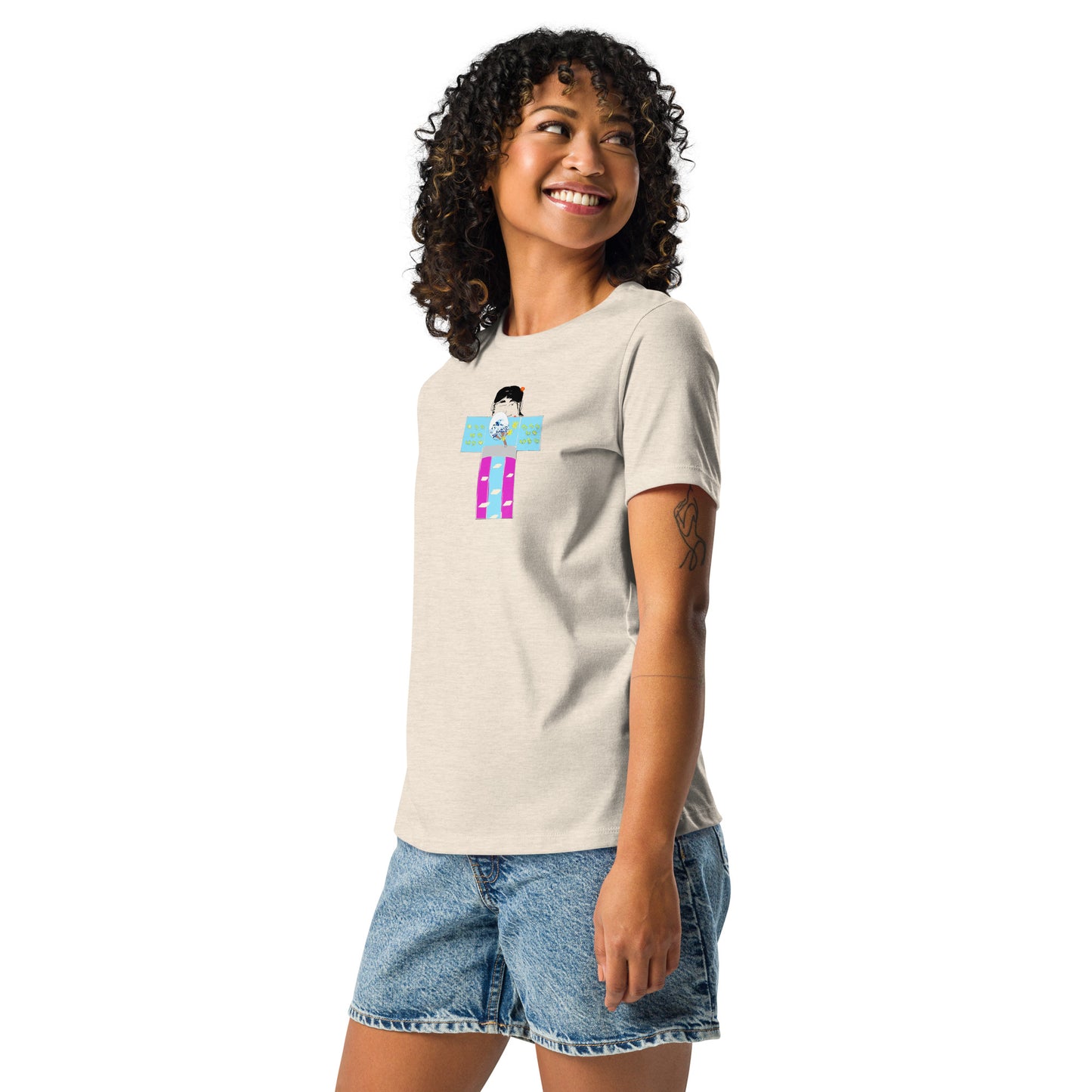 Left side view of a woman model wearing a beige t-shirt with a yukata girl graphic design on a white background