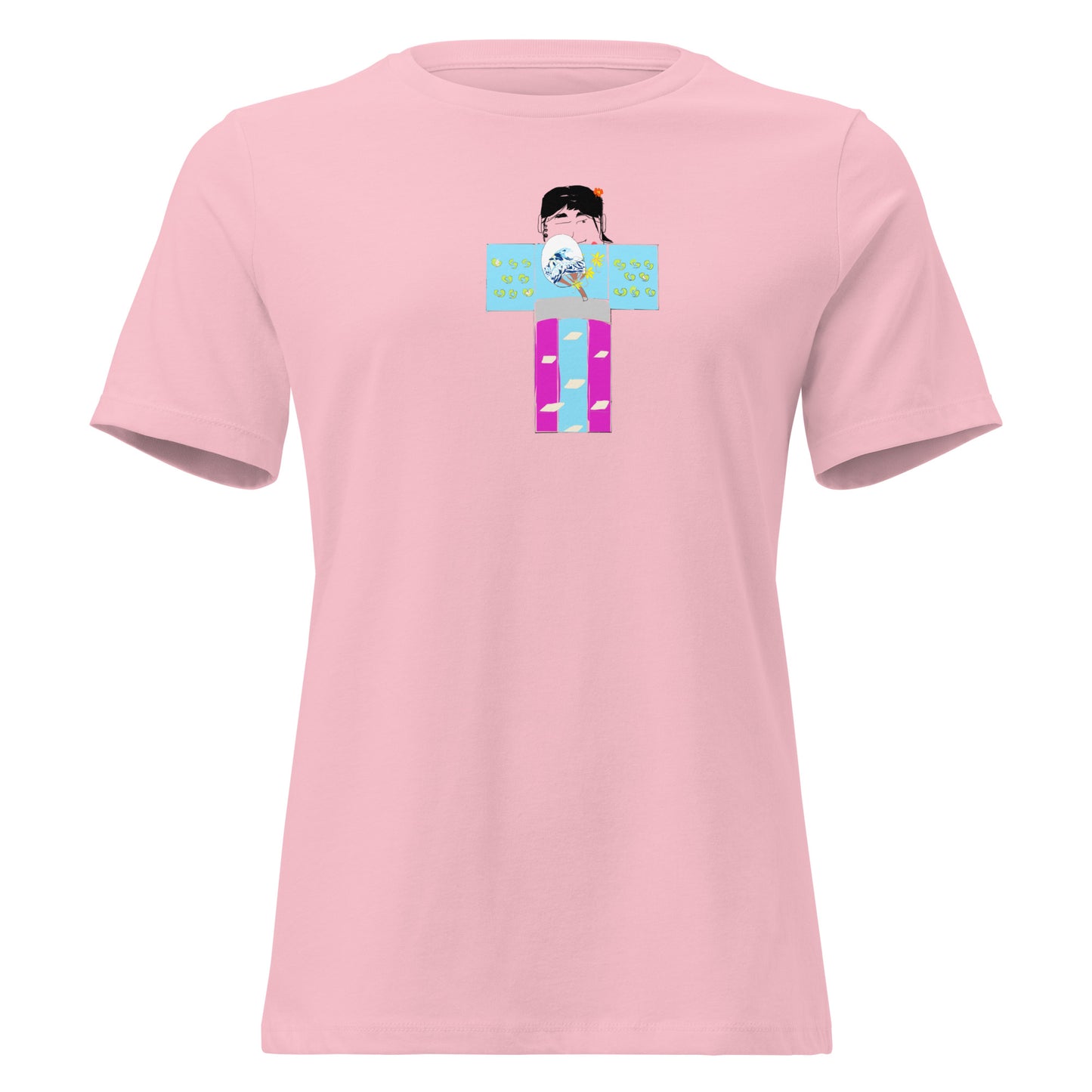 Pink t-shirt with a yukata girl graphic design on a white background