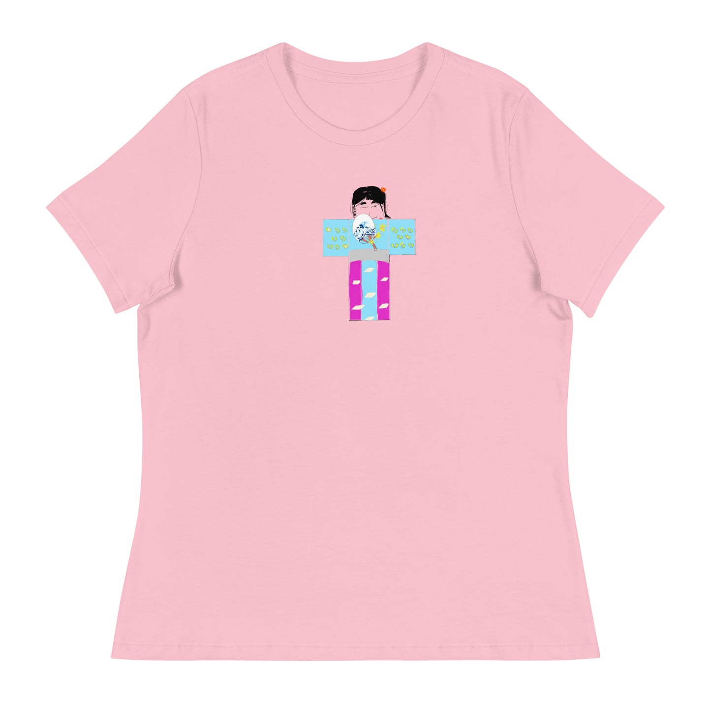 Pink t-shirt with a yukata girl graphic design on a white background