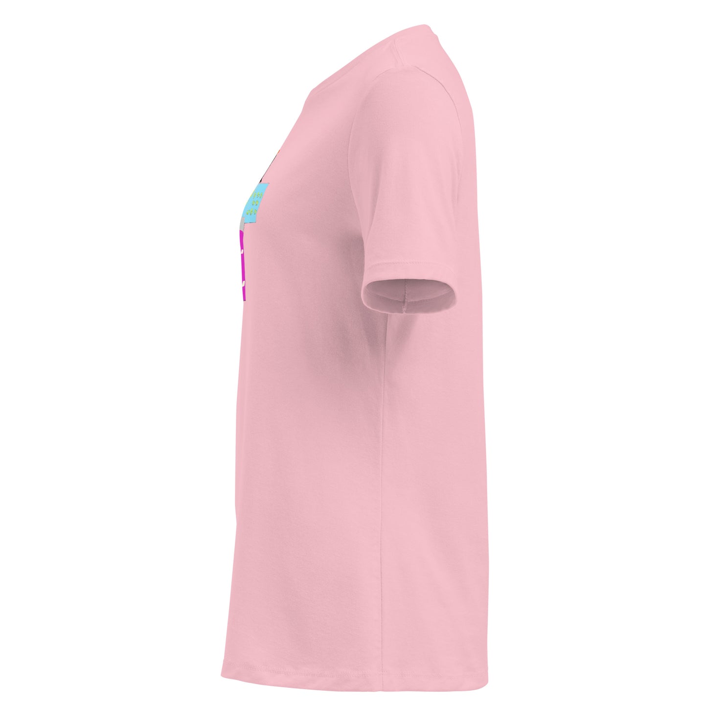 Pink t-shirt with a colorful yukata girl design on a white background