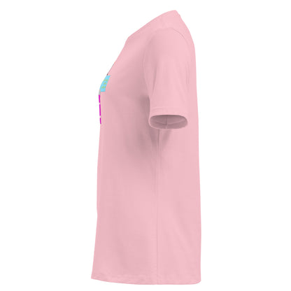 Pink t-shirt with a colorful yukata girl design on a white background