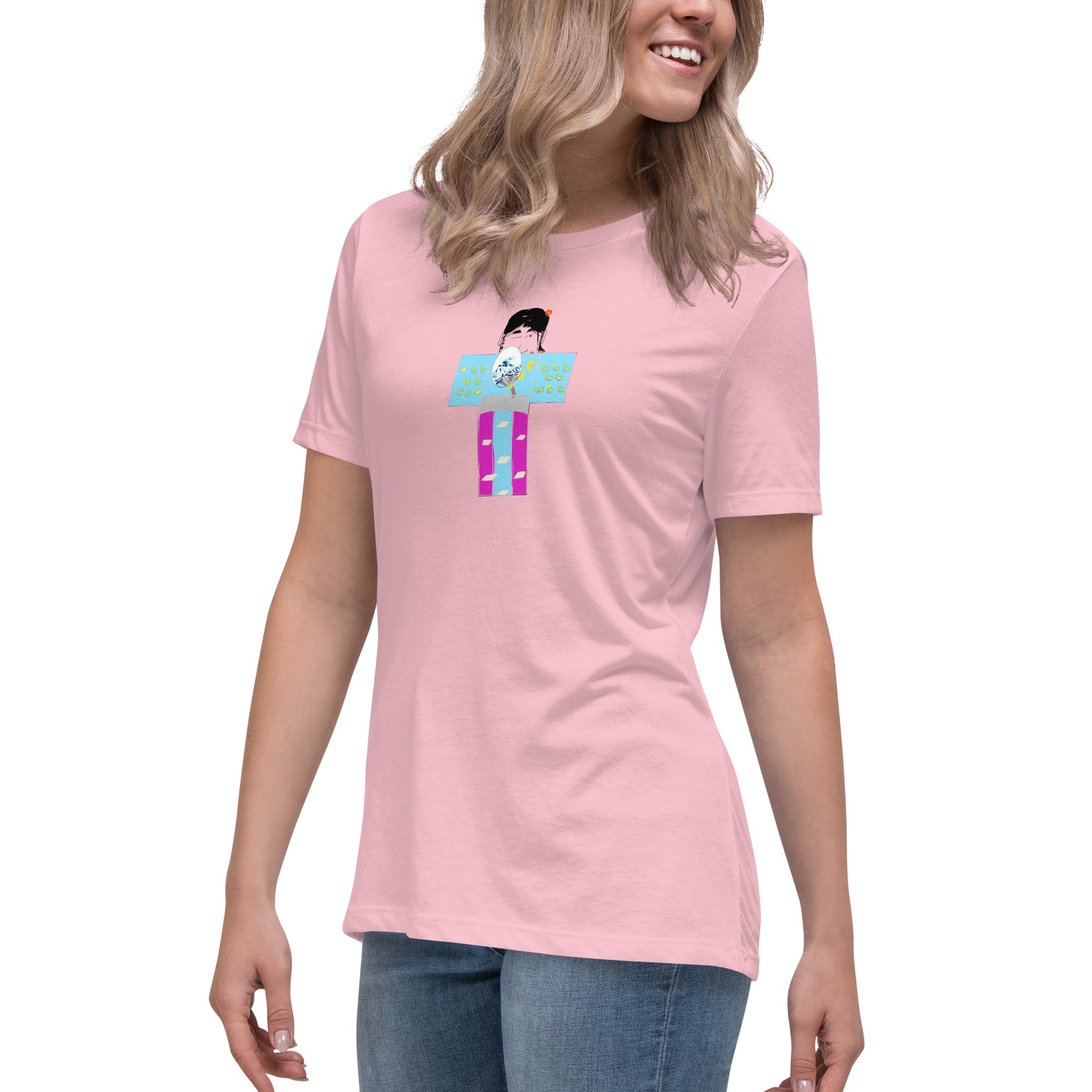 Front left side view of a woman model wearing a pink t-shirt with a yukata girl graphic design on a white background