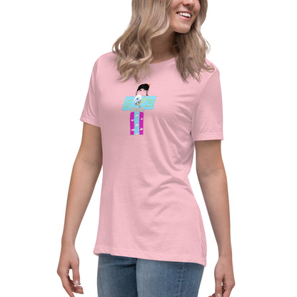 Front left side view of a woman model wearing a pink t-shirt with a yukata girl graphic design on a white background