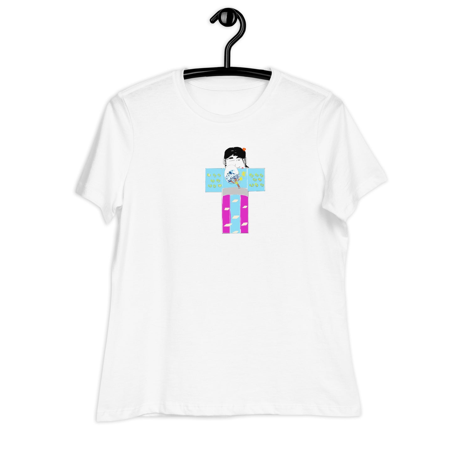 White t-shirt with a colorful yukata girl graphic on a hanger against a white background