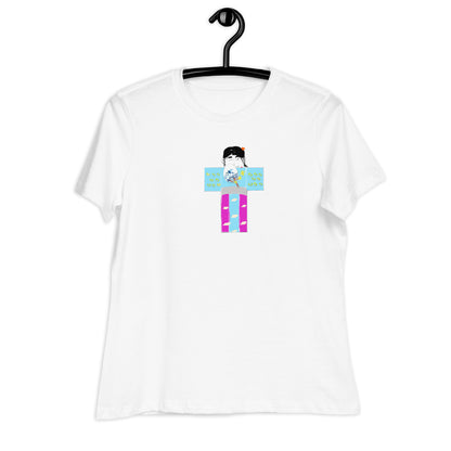 White t-shirt with a colorful yukata girl graphic on a hanger against a white background