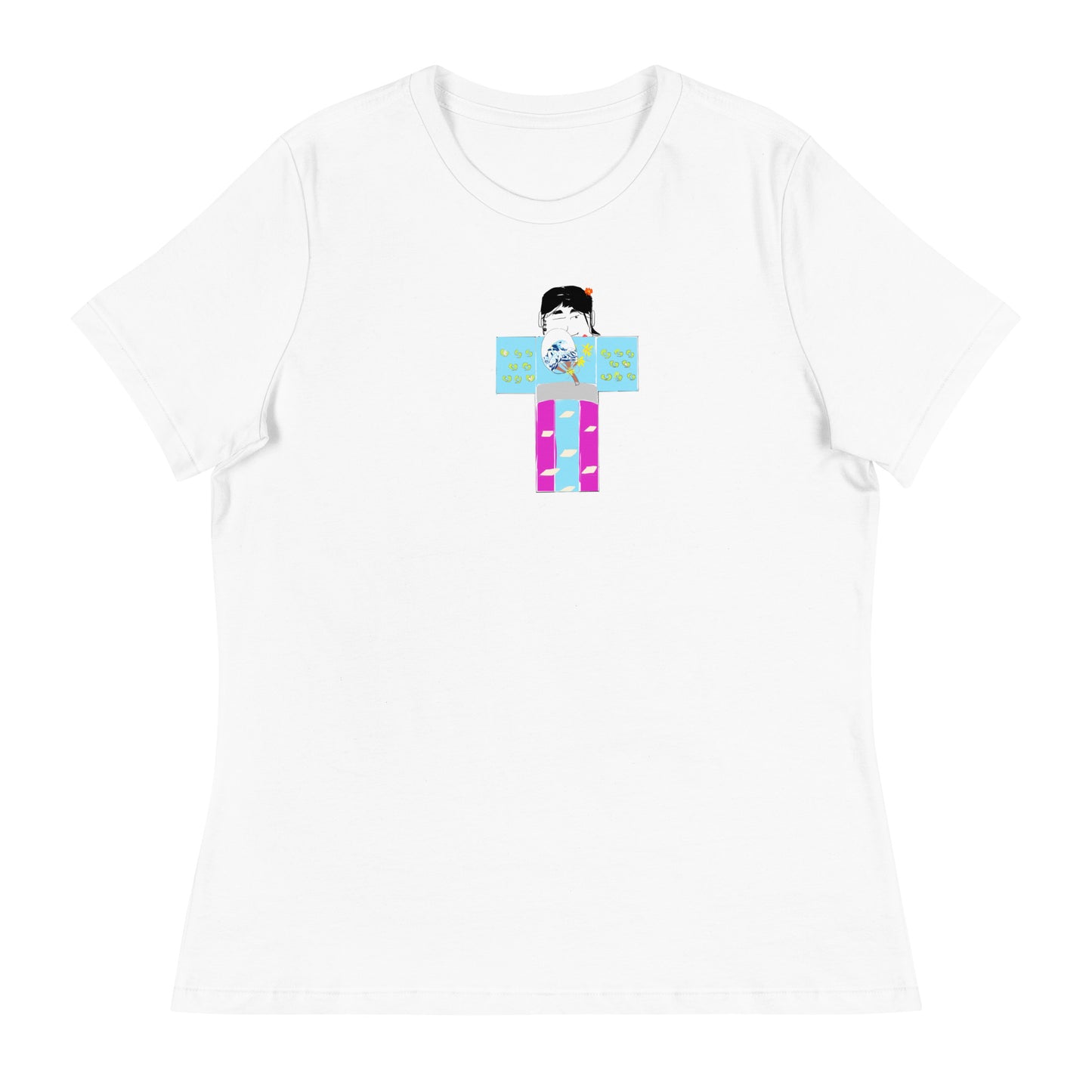 White t-shirt with a yukata girl graphic design on a white background