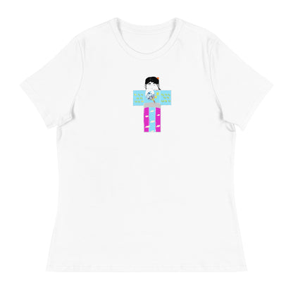 White t-shirt with a yukata girl graphic design on a white background